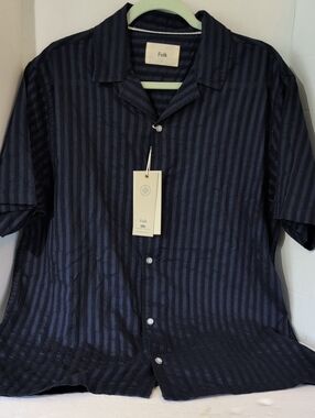 Folk Men's Navy Tonal Striped Short-Sleeve Button Shirt- Large, NWT